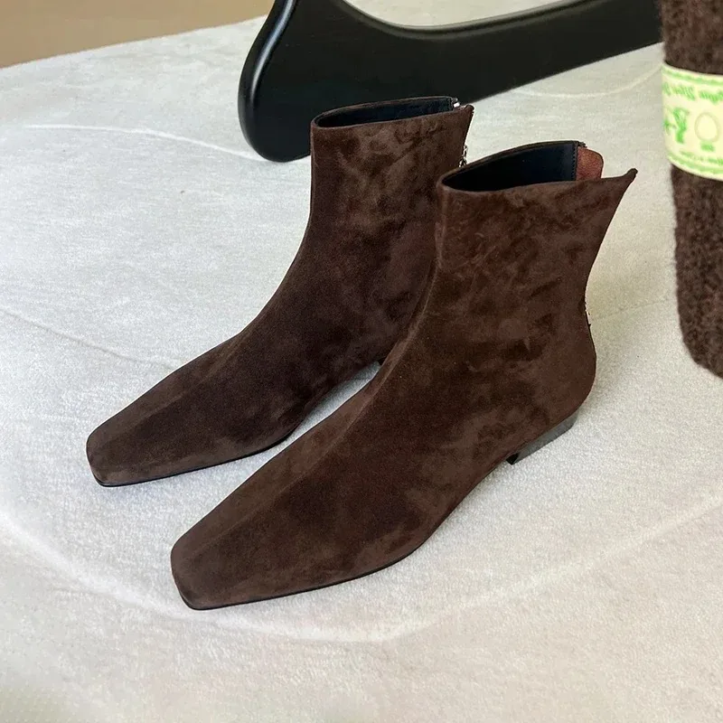 Botines cortos de felpa de invierno para mujer, botines cortos con punta cuadrada a la moda, botines Largas elegantes de tacón bajo para mujer