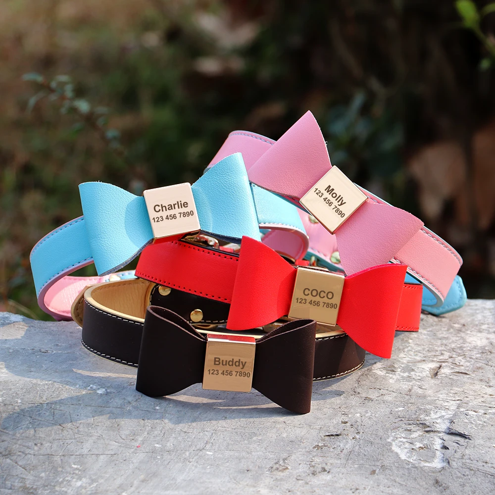 Collar de cuero PU personalizado para perros, collares con lazo para mascotas, etiqueta de nombre de identificación grabada, Collar para mascotas y gatos antipérdida para perros pequeños, medianos y grandes - imagen 2