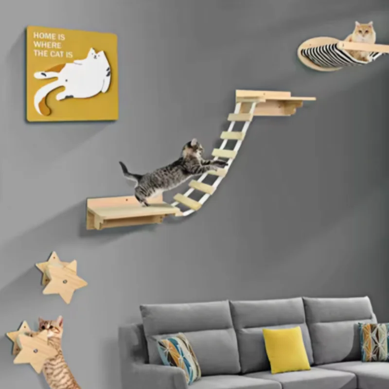 Marco de escalada de madera maciza para gatos, nido para gatos montado en la pared, poste rascador de Sisal para gatos, peldaños de madera, árbol para gatos, torre para gatos - imagen 2