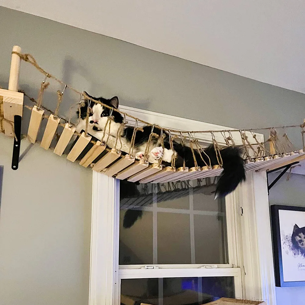 Puente para gatos montado en la pared de madera maciza, puente colgante para juegos de gatos con cuerda, accesorios interactivos para gatos de interior para gatitos y gatos adultos - imagen 3