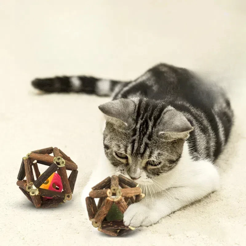 Juguete de bola de hierba gatera de madera Natural, solución para masticar y jugar para gatos - imagen 2