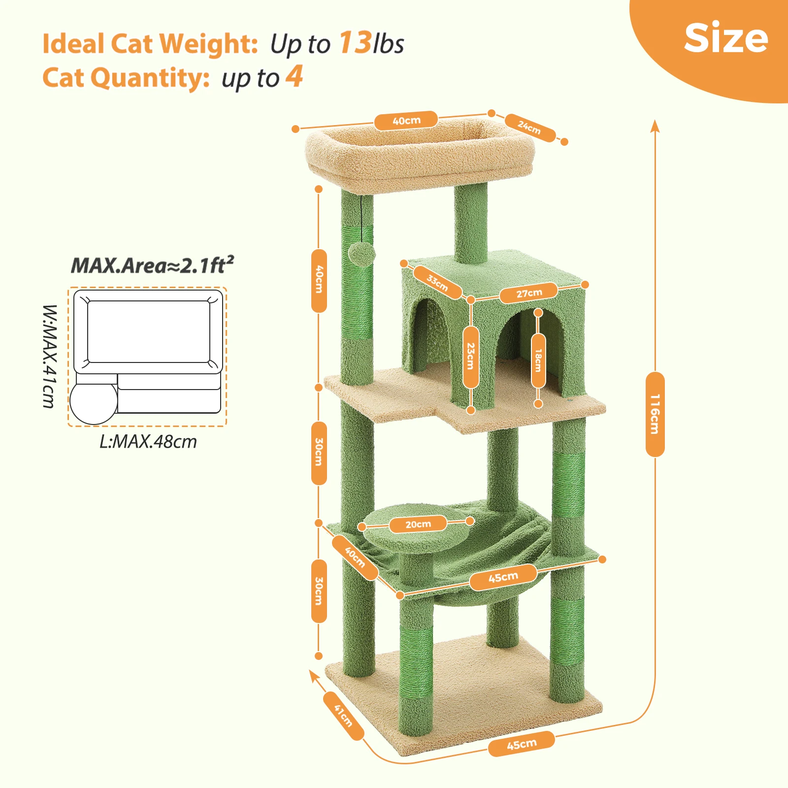 Árbol para gatos de interior, torre para gatos de 5 niveles para gatos grandes con marco de metal, hamaca grande para gatos con percha superior grande - imagen 2