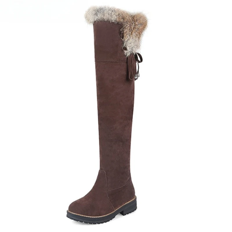 Botas de nieve cálidas para mujer, zapatos de invierno de piel cálida de felpa por encima de la rodilla, botas informales de tacón bajo de goma, zapatos largos para mujer 2024