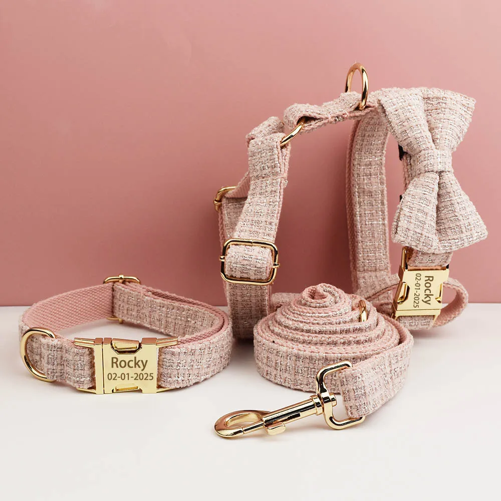 Collar de perro personalizado rosa con placa de identificación de grabado gratis, Collar de cachorro de terciopelo múltiple con correa y arnés, conjunto de accesorios para mascotas - imagen 5