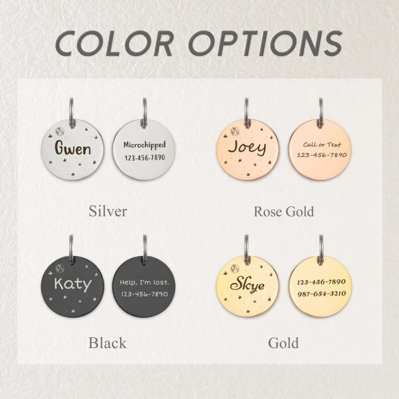 Etiqueta de identificación personalizada para perro, gato, luna y estrella, nombre con símbolos grabados en la parte delantera y trasera para Collar de mascotas personalizado, abalorio de Metal antipérdida - imagen 5