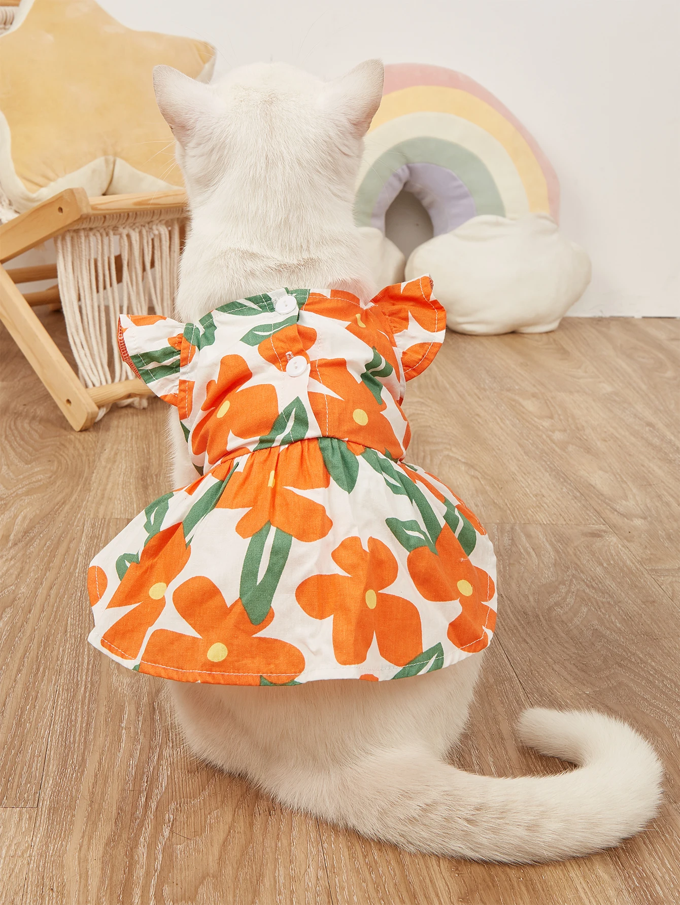 Vestido de verano para perro, estampado Floral naranja con hojas verdes, mangas con volantes, falda bonita para cachorro, ropa para mascotas pequeñas, vestidos