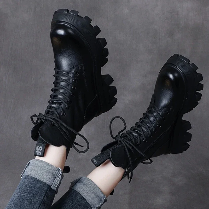 Botas con cordones para Mujer, zapatos De plataforma cómodos, cálidos, antideslizantes, botines gruesos Retro para motocicleta - imagen 5