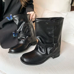 Bota de media pantorrilla para mujer – Cuero PU marrón, sin cordones, tacón ancho, otoño