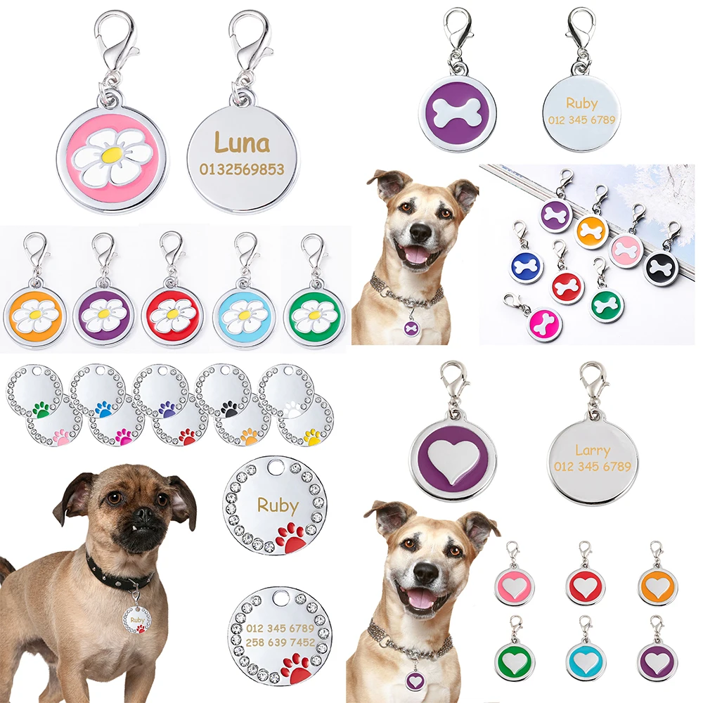 Etiqueta de identificación personalizada para mascotas, colgante con grabado personalizado para nombre de perro, cachorro, gato, Collar antipérdida, hueso, corazón, flor, accesorios inoxidables