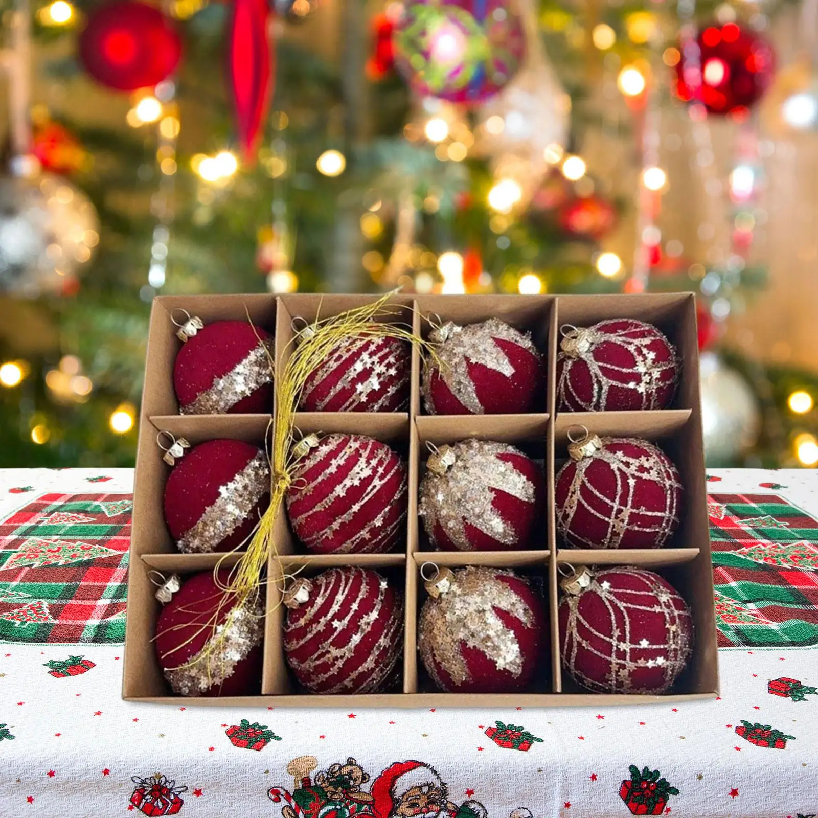 Glitter Christmas Balls Set Flocking Tree Hanging Ornaments for Christmas Home Decoration and Parties