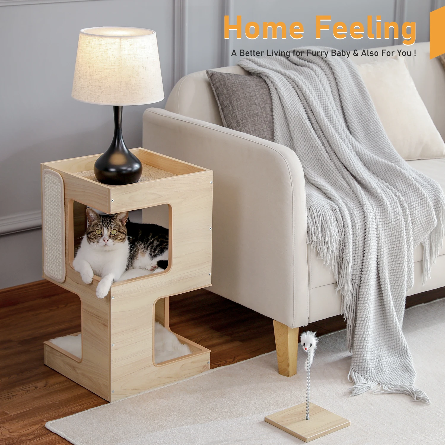 Árbol para gatos moderno de madera con camas y rascador extraíble - imagen 3