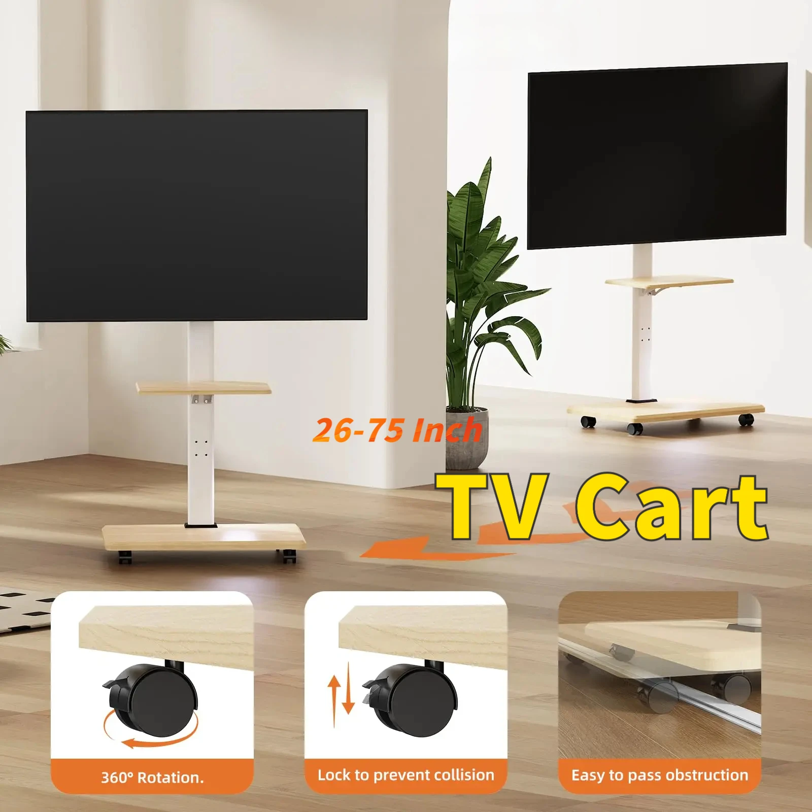 Adjustable Mobile TV Stand for 26-75" TVs -Swivel & Height Adjust with Optional Tray Floor Rolling Cart Holds 99lbs with Wheels  - imagen 2