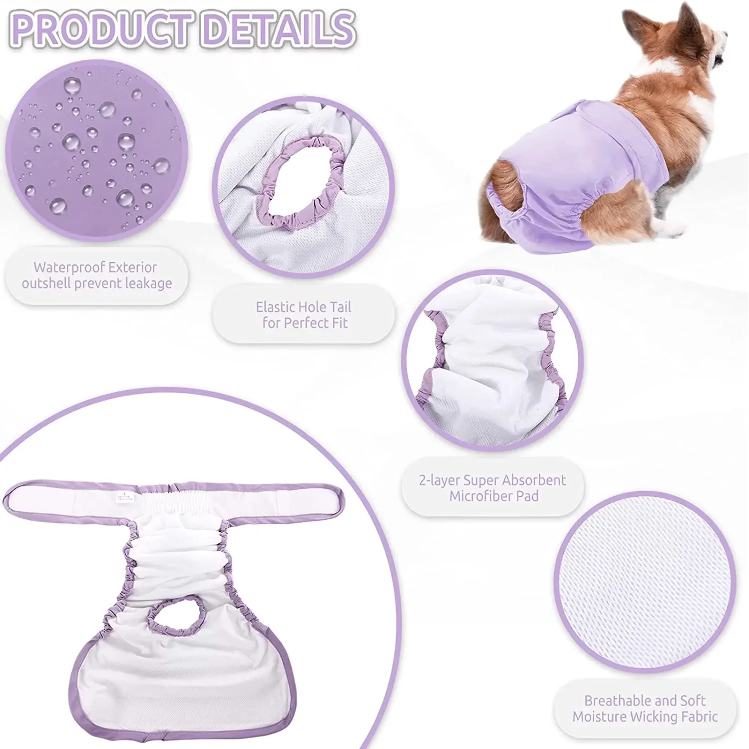 Pañales reutilizables para perros femeninos, pañales para cachorros de alta absorción, bragas ajustables para mascotas para perros pequeños, medianos y grandes - imagen 3