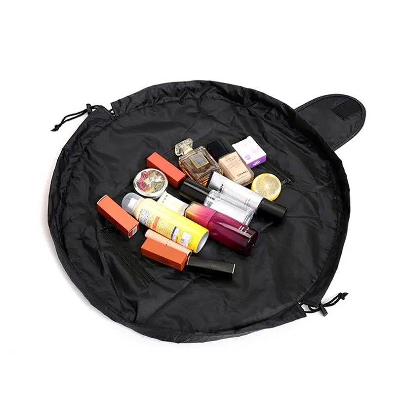 Bolsa de almacenaje para maquillaje elástica con cordón, bolso portátil de viaje negro de gran capacidad, bolsas de almacenamiento a la moda - imagen 3