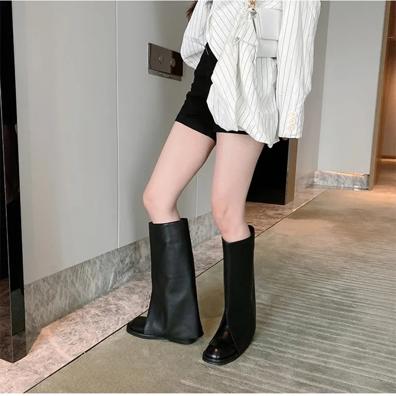 Otoño Invierno mujer pantalones piernas botas altas moda Slip On zapatos de punta redonda tacón bajo señoras Caballero botines largos - imagen 3