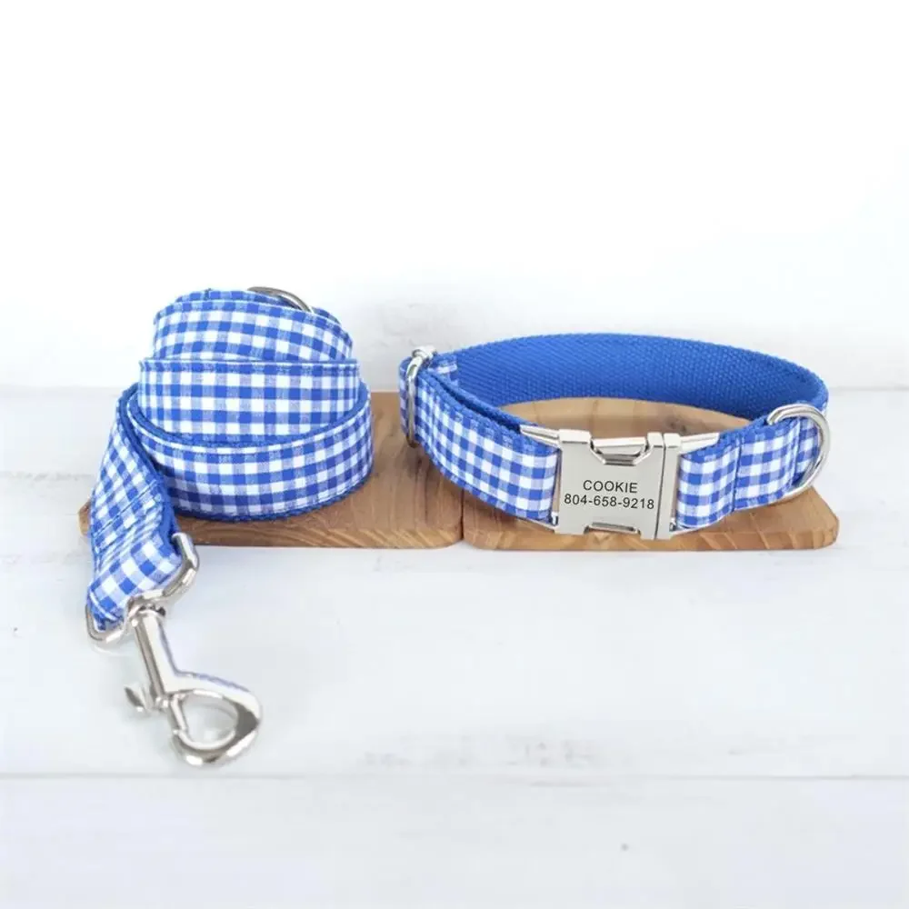 Collar de perro personalizado con grabado personalizado para mascotas, placa de identificación, accesorio para mascotas, correa para cachorros a cuadros azul y blanco