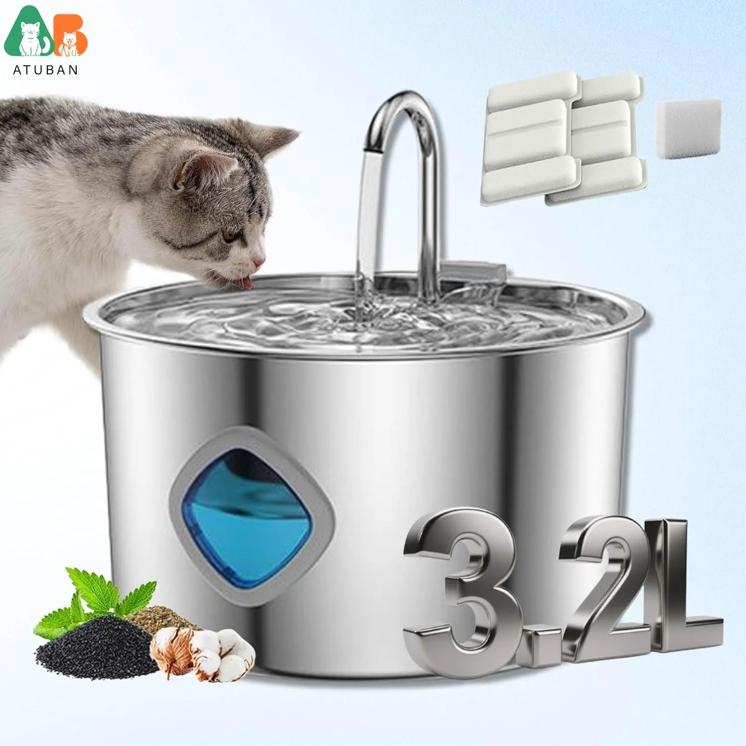 Fuente de agua automática para gatos, 3,2 L, acero inoxidable