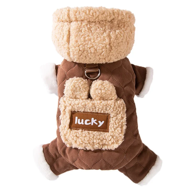 Mono para perro de otoño e invierno, chaqueta cálida de felpa con capucha, bolsillo de tracción, abrigo de algodón de cuatro patas, oso de peluche, ropa para perros pequeños - imagen 5