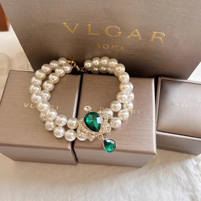 Collar de perlas con corona Retro de doble capa de princesa y gato ajustable, Collar para perro mascota, cadena para el cuello, Collar para mascota Yorkshire de peluche dulce