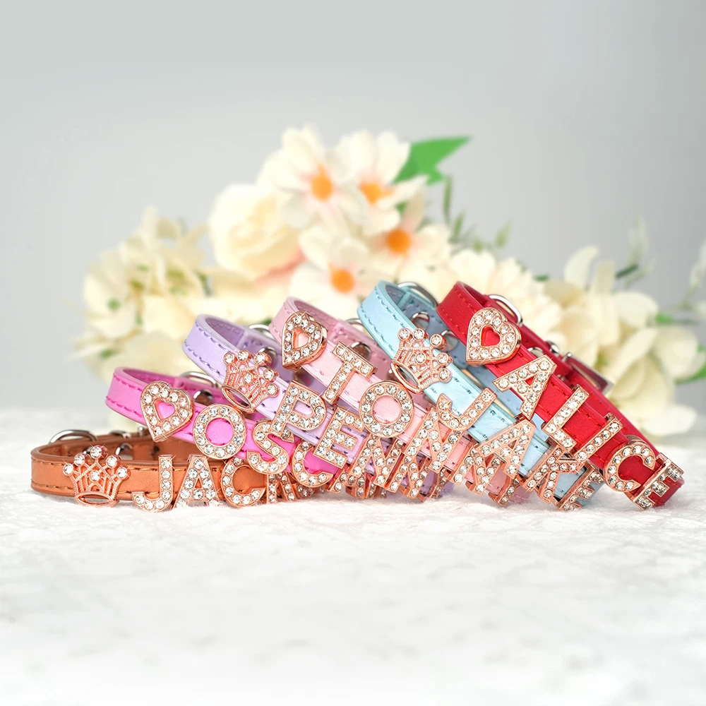 Collar personalizado con nombre de gato, collares ostentosos con diamantes de imitación para cachorros y perros, dijes de letras con nombre gratis, accesorios antipérdida para mascotas, color rosa