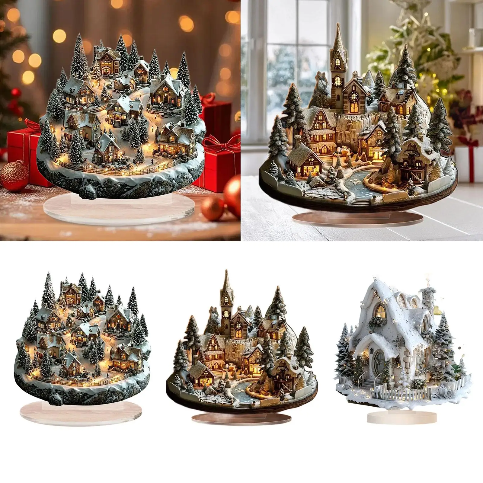 Christmas Decorations with Base Crafts Tabletop Decor Snow Scene House Tabletop Sign Acrylic 2D Flat for Table Home Living Room