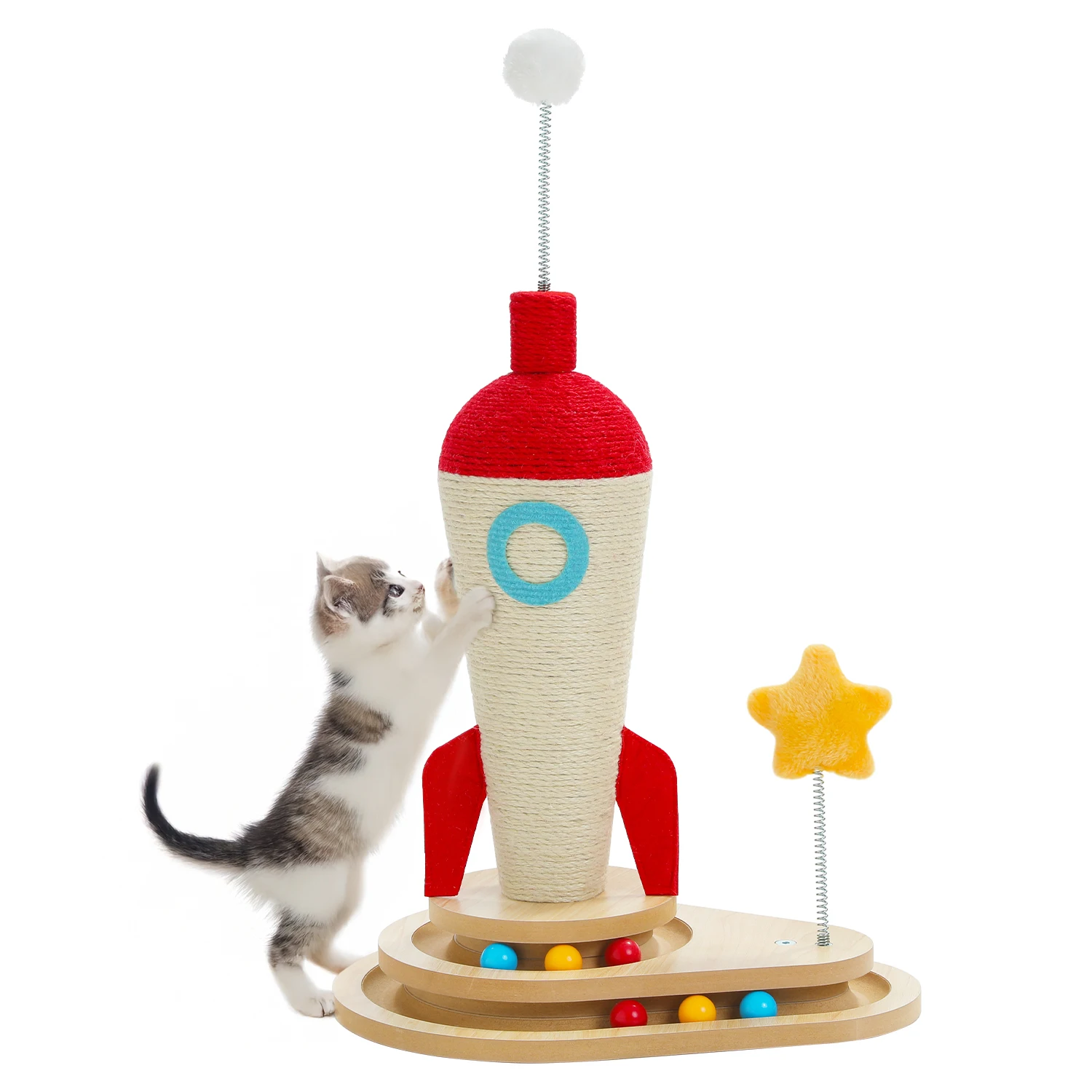 Poste rascador para gatos con cohete estable, diseño excepcional con pelota de pista, juguete, punzón grueso y fuerte, gatos de interior - imagen 2