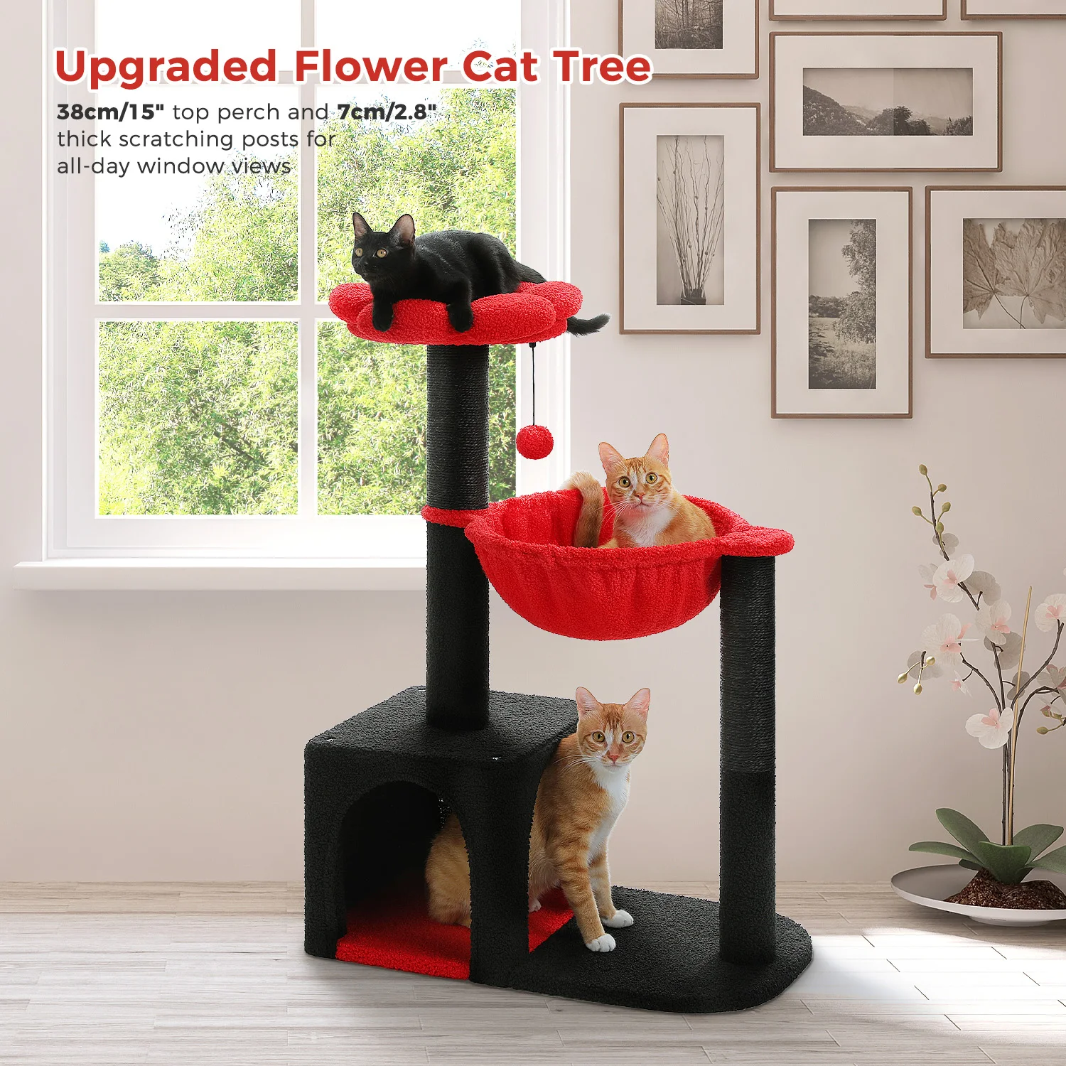 Torre de árbol para gatos con poste rascador de Sisal Natural, percha superior de flores acogedora, accesorios para gatos con pompón juguetón, muebles para gatos - imagen 2