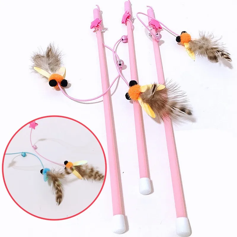 Juguete para gatos con plumas, palo para gatos, juguetes interactivos para insectos y gatos, palos de cuerda elástica, mariposa, gatito, juguete para gatos con campana