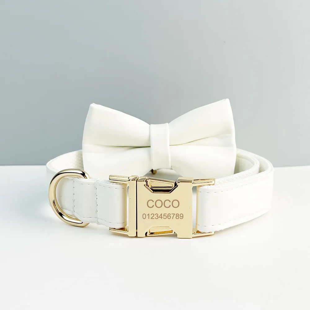 Collar y correa de cuero blanco para perros, placa de identificación grabada personalizada, suministros para mascotas, PU01 - imagen 2