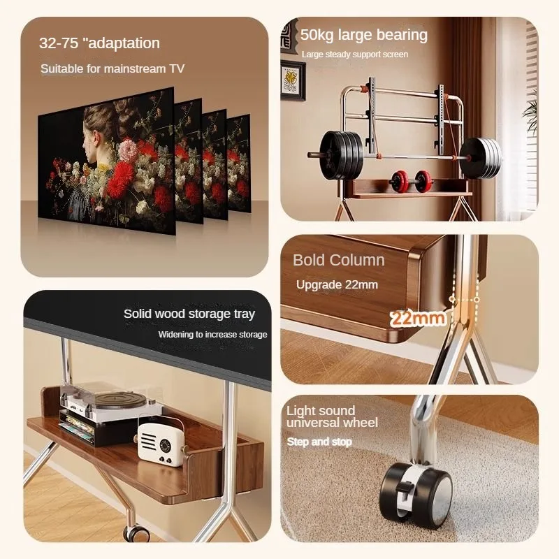 Soporte de TV con ruedas de madera con estantes de almacenamiento para sala de estar, dormitorio, oficina, carrito de TV móvil de 32-65 pulgadas de hasta 110 libras, VESA 600x400 mm - imagen 4