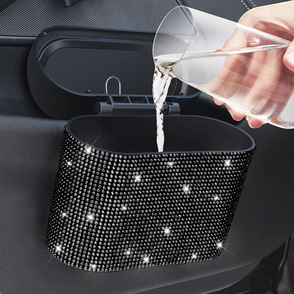 Bote de basura para coche con incrustaciones de diamantes de imitación artificiales con 60 bolsas de basura especiales, caja de almacenamiento colgante para Interior de coche con tapa automática, accesorios multifuncionales para coche - imagen 3