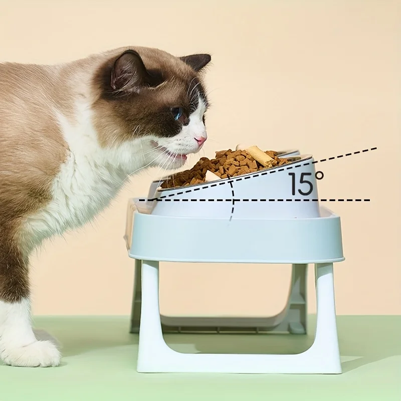 Comedero plegable de plástico/acero inoxidable para gatos, cuenco doble antideslizante para mascotas con soporte, cuenco para beber para gatos elevado, accesorios para gatos