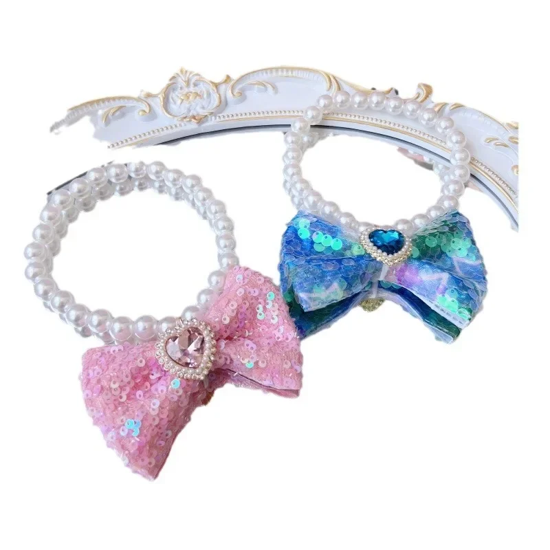 Collar de lazo con purpurina para mascotas, Collar de perlas dulces para gatos, lazo para el cuello para perros pequeños, accesorio para fotos, pajarita para perros, accesorios para mascotas - imagen 5