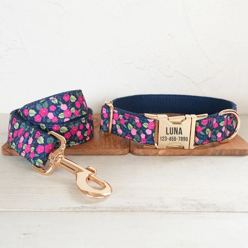 Coleira de cachorro personalizada com gravura grátis, coleira para animais de estimação combinando, fivela de metal de contatos personalizados, coleira para animais de estimação com flor azul escuro