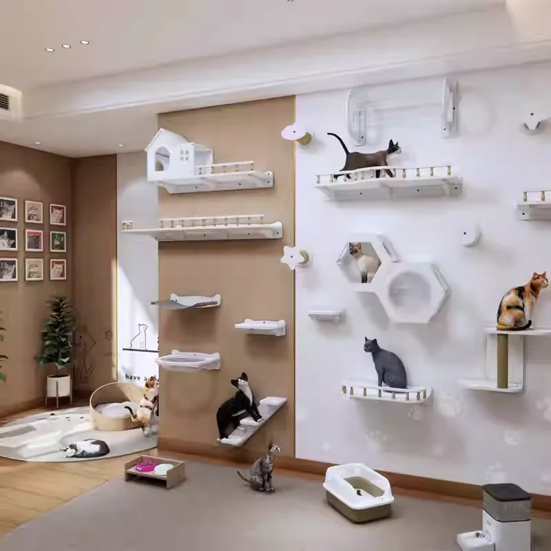 Muebles montados en la pared, estante flotante con poste rascador para gatos, perchas de escalada, escalones de pared para hamaca para dormir y jugar - imagen 2