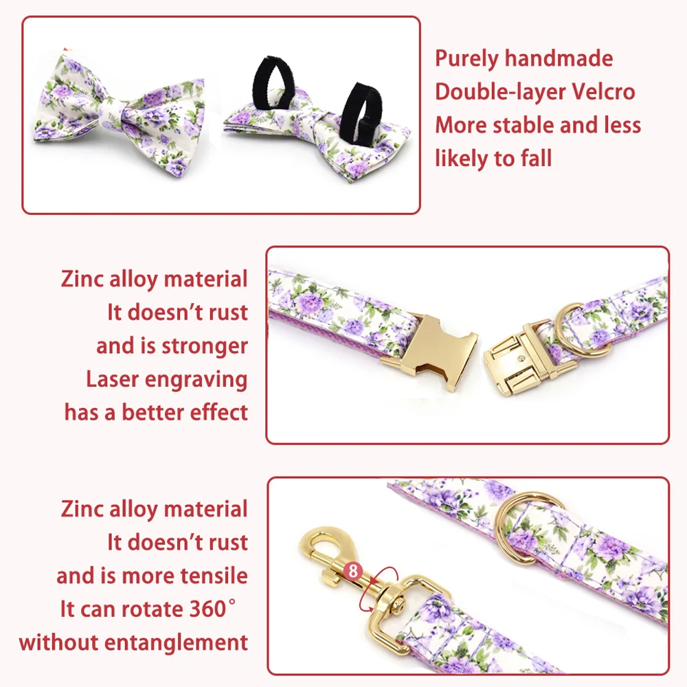 Collares florales de peonía para perros y gatos, Collar de perro grabado con nombre personalizado con hebilla de lujo, Collar de flores moradas para mascotas para perros y mujeres