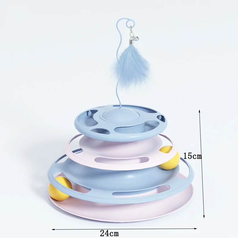 Rompecabezas para gatos, pista de cuatro capas de plástico con plumas, juguete para gatos desmontable, plato giratorio autoalto - imagen 5