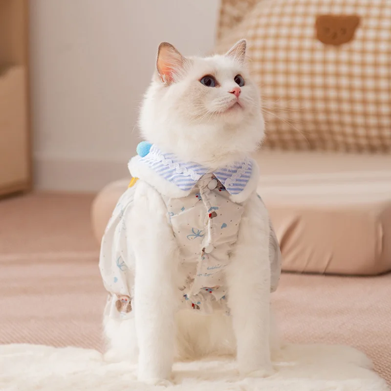 Ropa para gatos con solapa a rayas para mascotas, falda de calabaza estilo princesa con lazo cálido para otoño e invierno, abrigo grueso de felpa para perros - imagen 4