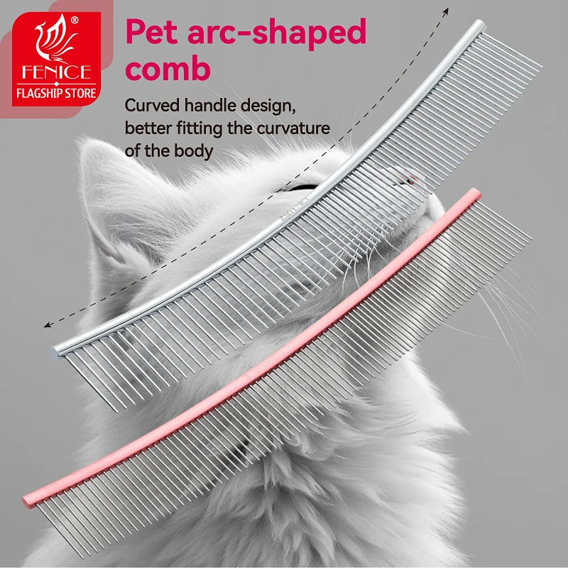Peine de aseo curvo para mascotas Fenice, cepillo de acero inoxidable en forma de arco con dientes densos y esparsos para perros y gatos, suministros de aseo para mascotas - imagen 3