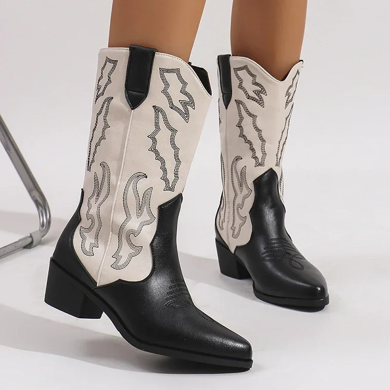 Botas de vaquero del oeste bordadas para mujer, botines largos de caballero de tacón grueso sin cordones a la moda, zapatos femeninos de estilo Retro para Otoño e Invierno - imagen 3