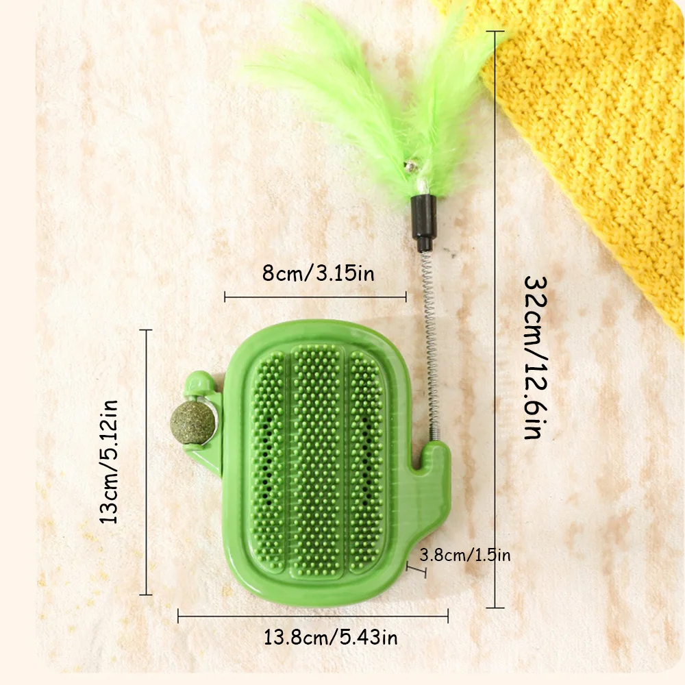 Rascador y goma para el pelo para gatos, Cactus para mascotas: juguete para gatos con palo de teaser y bola de menta, juguete interactivo de plástico para gatos para diversión y aseo - imagen 5
