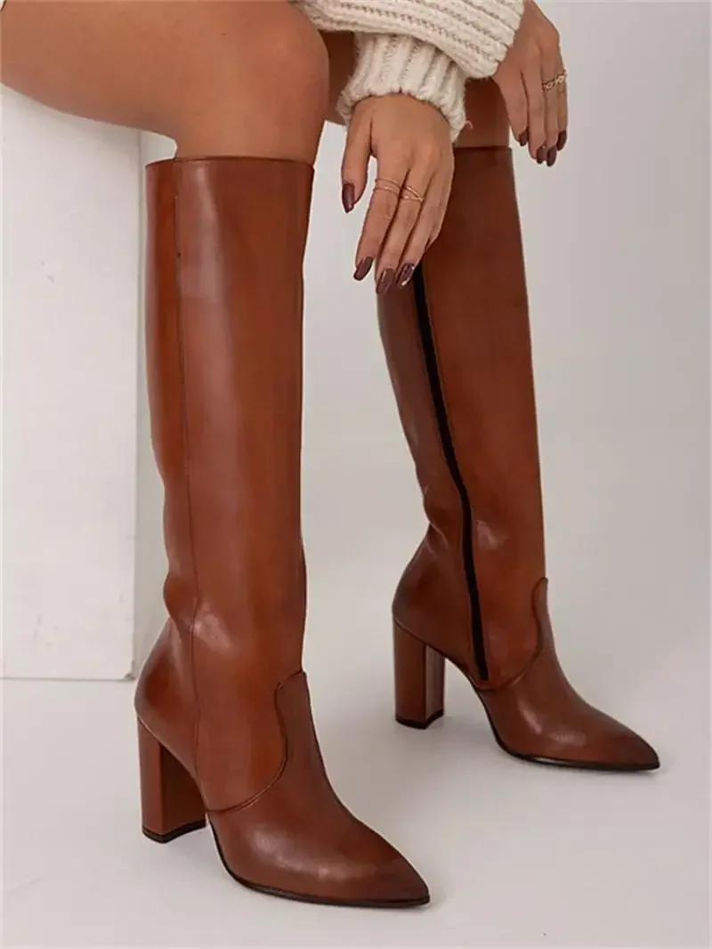 Botas hasta la rodilla para Mujer, Botas con punta estrecha a la moda, zapatos de tacón alto con cremallera, Botas altas de vaquera occidental, Invierno 2024 - imagen 2