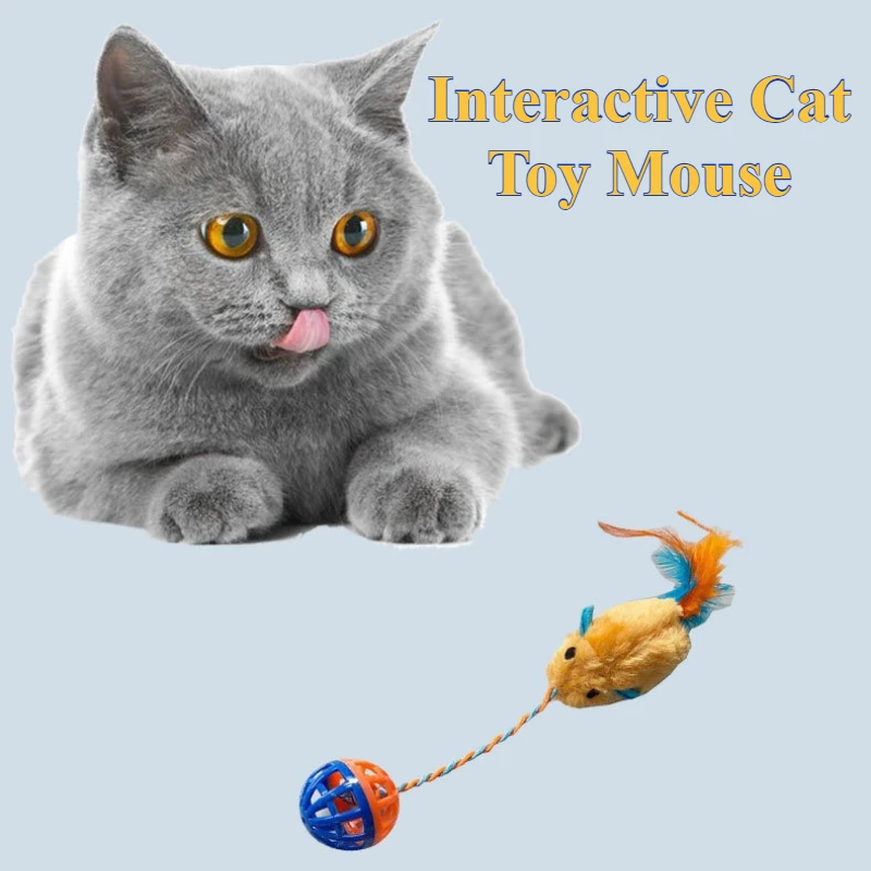Ratón interactivo para gatos con sonido y campana para gatitos de interior, juguete para ratones de plumas de gatito, juguete para masticar ratón de peluche, suministros para gatos
