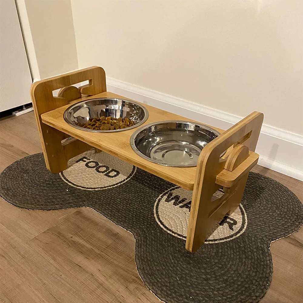 Comedero elevado de madera para perros y gatos con 2 tazones de acero inoxidable, soporte de cuenco elevado con inclinación ajustable para postura de comida saludable para mascotas - imagen 3