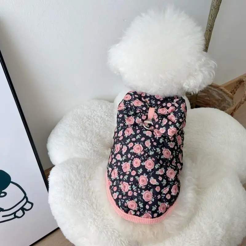 Chaqueta con lazo para perro, abrigo con estampado de flores, ropa para perro, chaleco de algodón cálido para invierno, chaqueta suave para gato, cárdigan para mascota, disfraz para perro - imagen 2