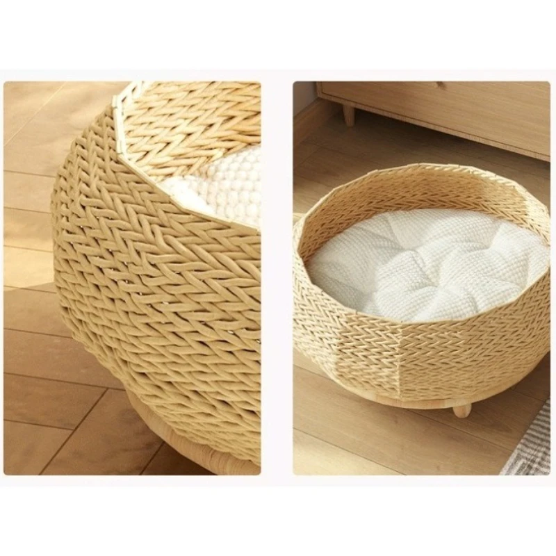 Cama para gatos de ratán tejida, cómoda cama minimalista para gatos, patas de madera maciza, cojín suave, camas para gatos, muebles de decoración para el hogar elegantes hechos a mano - imagen 5