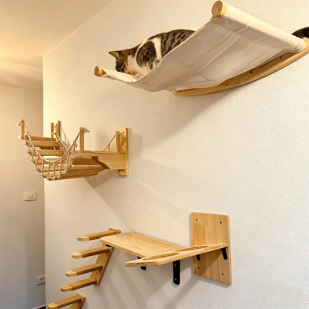 Hamaca para gatos montada en la pared y estante de escalada de madera, muebles para mascotas con poste rascador, percha para gatos y casa de árbol, juguete para gatitos - imagen 2
