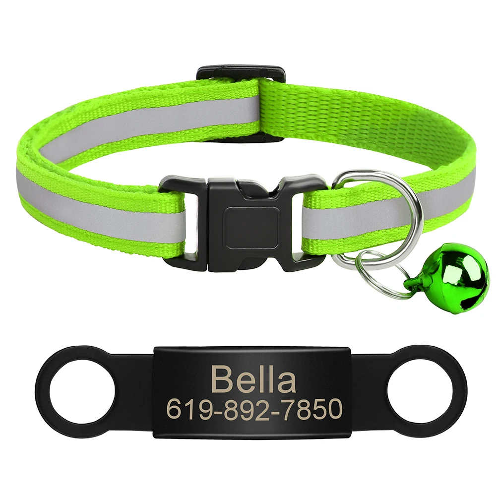 Collar de gato personalizado con grabado gratis, collares de identificación para gatos, Collar reflectante para gatitos con campana ajustable para gatos, accesorios para mascotas - imagen 3