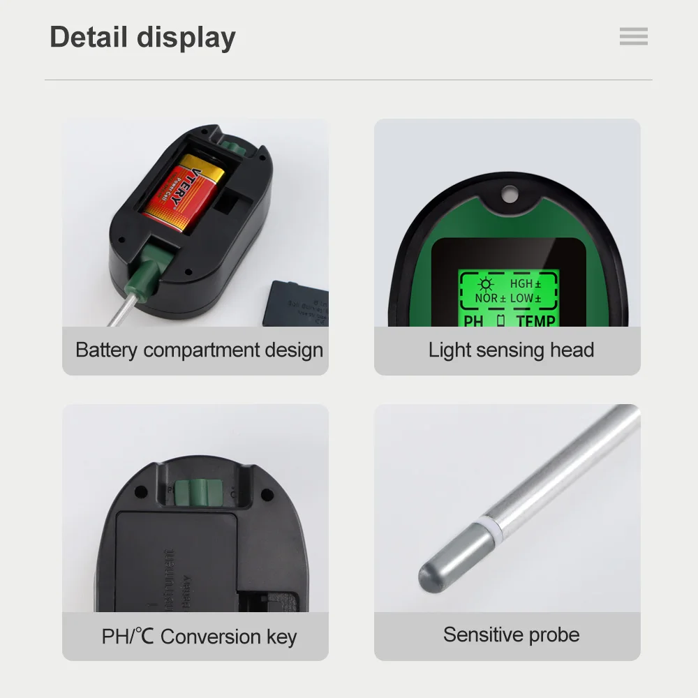 Medidor de PH del suelo 4/5 en 1, higrómetro de luz solar LCD Digital para jardín, plantas, flores, Monitor de temperatura, Sensor, herramienta de prueba de humedad ambiental - imagen 5