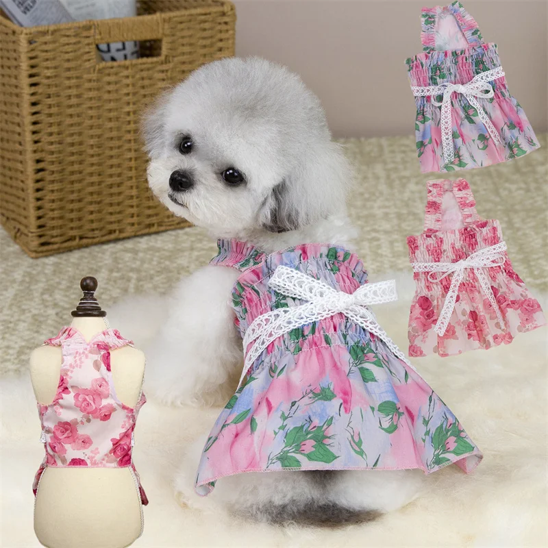 Vestido floral verano con capucha y tirantes para Chihuahua y Bichón